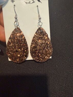 Glitter Teardrop Dangle Earrings - Copper Brown Sparkle
